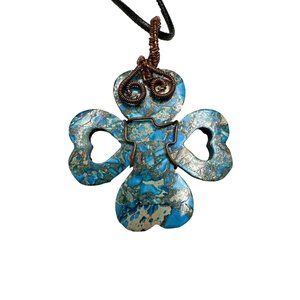 Womens Heart 4 Leaf Clover Leather Cord Necklace Blue Stone Wire Wrapped